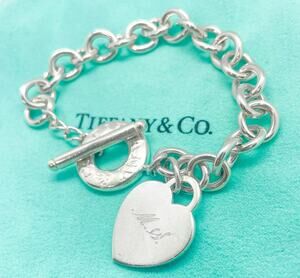 Tiffany & Co. ENGRAVED Heart Charm Toggle Bracelet Sterling Silver 7.25"
